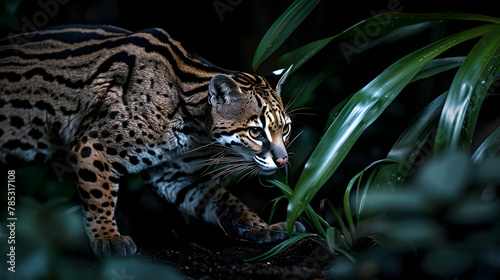 An ocelot at night, photographed using low-light settings to capture its stealthy hunt, set against a darkened forest floor background with copy space