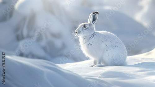 Arctic Hare: An arctic hare in a snowy setting, photographed with a high contrast setting to emphasize its white fur against the snow, set against a winter landscape background with copy space