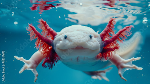 Axolotl: An axolotl swimming, photographed with underwater clarity to capture its gills and playful expression, set against a clean aquatic background with copy space
