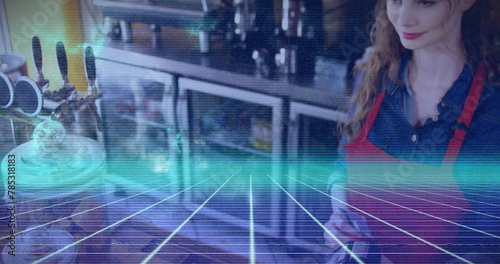 Image of light trails over caucasian woman paying with credit card