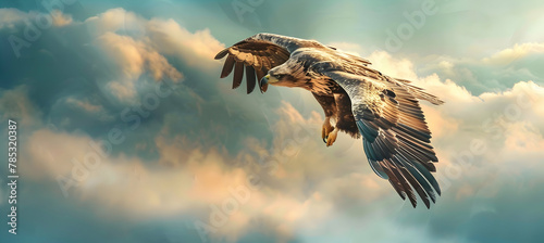 Eagle: A fierce eagle captured in mid-flight using burst mode photography to detail every feather, set against a cloud-filled sky background with copy space.