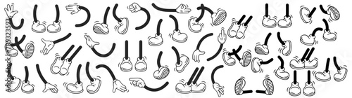 Comic retro feet and hands in different poses. Isolated mascot character elements of 1920 to 1950s. Vector illustration