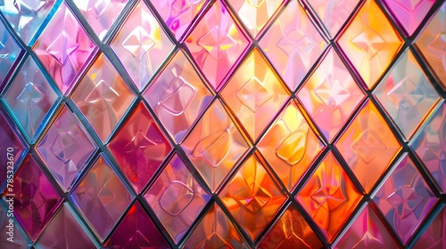 A detailed view of a vibrant rhombus glass window, capturing the intricate patterns and array of colors in close proximity.