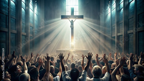 Christian Worshipers Raising Hands in Front of the Cross - Spiritual Worship