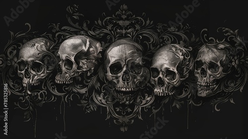 Ornate skulls and baroque pattern on black - A gothic and intricate artwork featuring a line of skulls adorned with baroque motifs on a black background