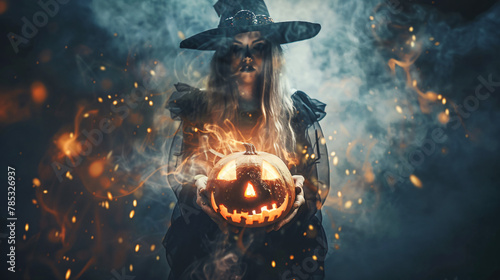 Dark and beautiful witch conjures on Halloween night.