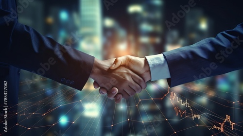 Prosperous business handshake on finance and money technology background: investing in valuable stock market for wealth growth and currency trading profits