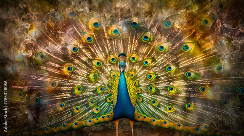 Peacock: A colorful peacock shot using a ring light to bring out the iridescent colors of its feathers against a subdued ivory background with copy space.