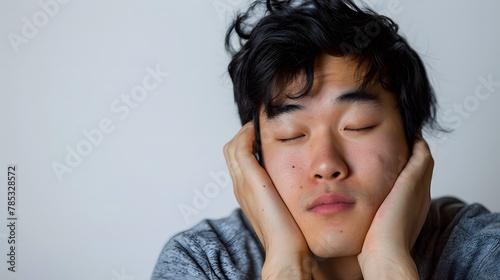 An Asian man looking tired with droopy eyes, resting his head on his hand.