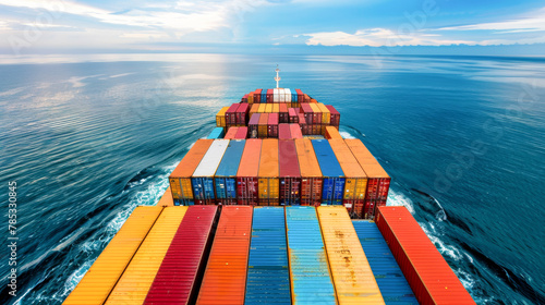 Ocean Horizon View of Cargo Ship Deck Loaded with Multicoloured Shipping Container