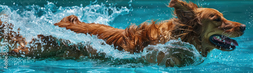 A dog joyfully swimming in a pool of water on a sunny day, enjoying a refreshing dip in the cool water