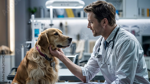 Male vet doctor with golden retriever created with Generative AI technology