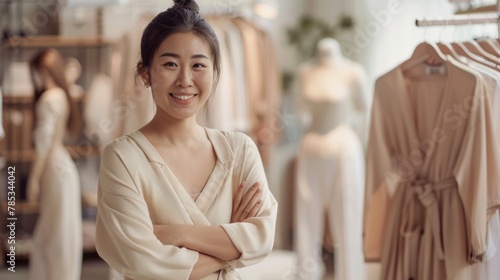 A beautiful Asian woman designer smiling in her elegant fashion studio.
