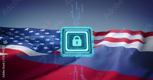 Image of padlock and data processing over flag of russia and united states of america