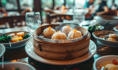 Dim sum steamed buns in bamboo steamer - Traditional Chinese dim sum delicacy, juicy steamed buns served in bamboo steamer on a wooden table