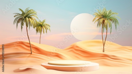 Desert oasis podium with sand dunes and palm trees, for travel and adventure gear