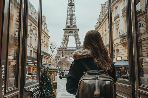 A woman with a backpack stands at the hotel entrance, observing the iconic Eiffel Tower in the distance.