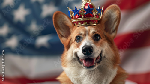 A dog wearing a crown and standing in front of an American flag. The dog is smiling and he is happy