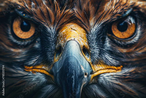 Intense close-up of an eagle face, highlighting its sharp beak and piercing golden eyes amidst detailed feathers