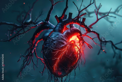 Human heart with tree branches, red glowing veins and thorns against a dark blue background in the style of fantasy.