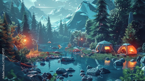 Produce a detailed vector illustration showcasing a futuristic wilderness camping scene viewed from a birds-eye angle Experiment with innovative lighting techniques and digital rendering methods to br