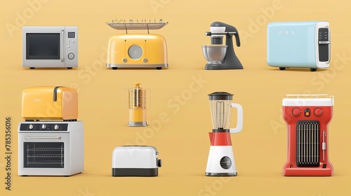 A set of kitchen appliances in 3D vector style, featuring an electric egg beater, juice blender, toaster, kettle, grill, oven, microwave, and fridge