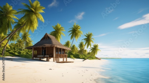A charming small hut nestled amidst palm trees on a pristine sandy beach, with gentle waves lapping at the shore under a clear blue sky adorned with fluffy white clouds.