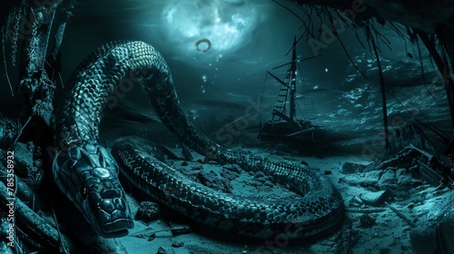 Mythical Sea Beast Scales Underwater Shipwreck Moonlight.