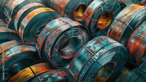 Rusty metal coils in blue and orange tones - A close-up image of intertwined rusty metal coils with a striking blue and orange color scheme that gives a sense of decay and time passage
