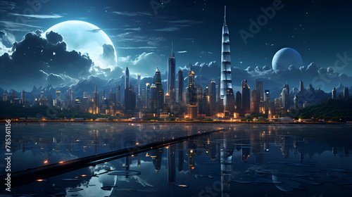 Futuristic city at night with full moon and reflection in water