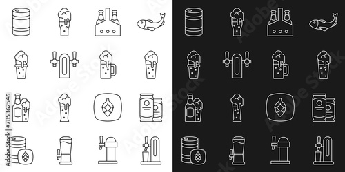 Set line Beer tap with glass, can, Glass of beer, Pack bottles, Metal keg and Wooden mug icon. Vector