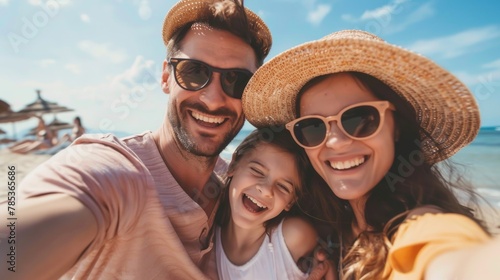 Happy mother, father and child in sunglasses taking selfie on summer beach.