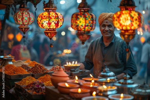 Vibrant Street Vendor Showcasing Colorful Diwali Decorations and Lanterns in a Bustling Market Scene Captured in Candid Documentary Style.