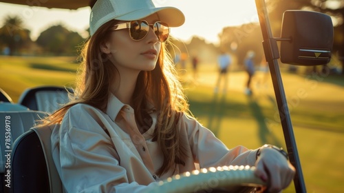 Stylish woman in golf attire sitting on the driver's seat of her cart, dressed for playing golf at an elegant country club.