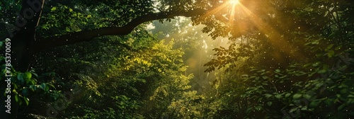 Sunrays Peeking Through Lush Forest Canopy - Sunlight breaks through the dense foliage of a vibrant green forest, illuminating the serene and tranquil woodland space