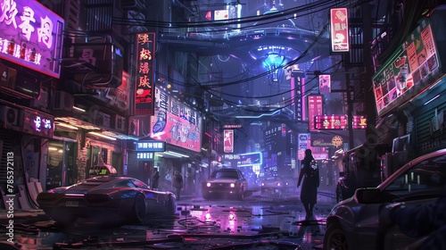 cyberpunk alleyway with neon signs hovering vehicles and a cyborg character digital painting concept art