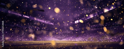 Purple background, football stadium lights with gold confetti decoration, copy space for advertising banner or poster design