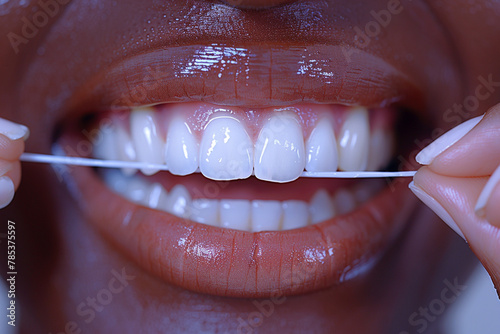 A pair of hands carefully flossing teeth, promoting oral hygiene and dental care