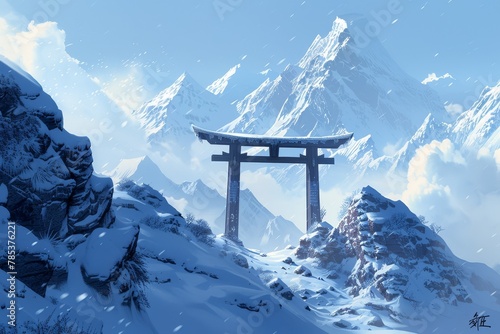 Southern Sky Gate Amidst Snow-Capped Peaks: A Majestic Intersection of Human Audacity and Nature's Grandeur.