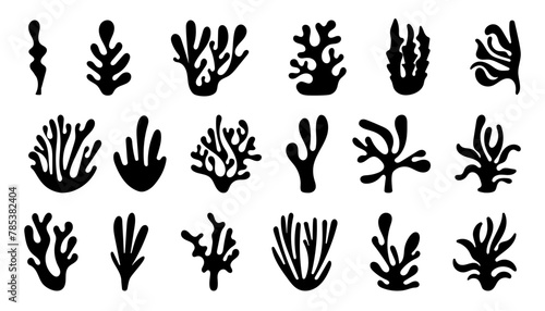 Abstract Algae Cora and seaweed shapes. Seaweed big set in silhouette style. Collection of black underwater plants. vector illustration in flat style