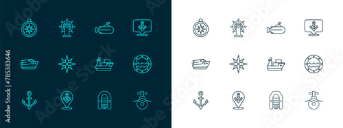 Set line Anchor, Location with anchor, Cargo ship, Inflatable boat motor, Wind rose, Submarine, Compass and Ship steering wheel icon. Vector