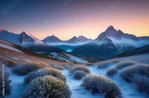 lavender meadow in frost on the background of mountains