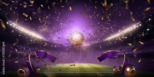 Purple background, lights and golden confetti on the purple background, football stadium with spotlights, banner for sports events