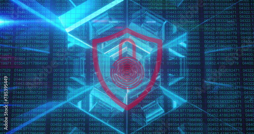 Image of security padlock icon over blue tunnel in seamless pattern against binary coding