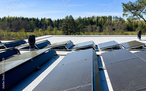 Photovoltaic system. Solar Panels on Flat Roof. Roof Solar Mounting System