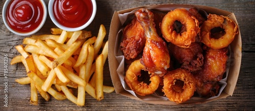 A box filled with crispy fried chicken wings next to golden fries and a side of ketchup on a table.