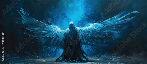 A painting depicting a person with wings standing in the dark, with an electric blue wall in the background.