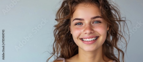 A young woman with orthodontic braces on her teeth smiling happily.