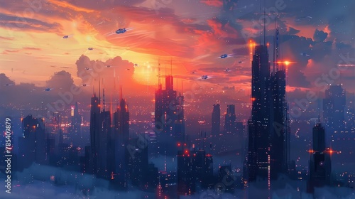 futuristic cityscape with towering skyscrapers flying vehicles and a sunset sky digital painting illustration