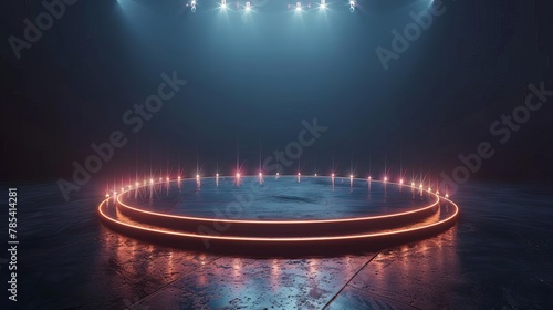 illuminated stage on dark floor with glowing lights around the perimeter dramatic theater performance 3d illustration